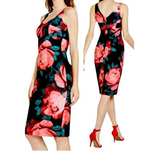 TRINA TURK Women 12 Pernille Dress Midi Sheath Flowers Pink Black Sleeveless NEW - Picture 1 of 11
